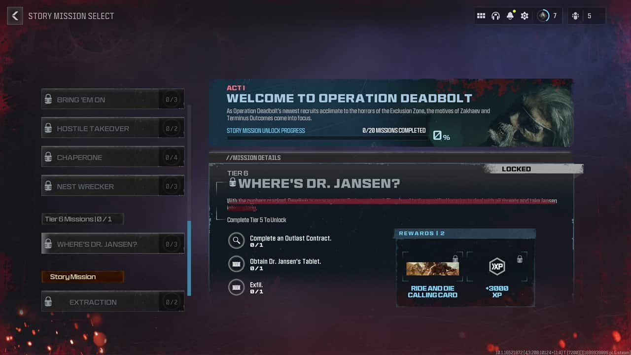 MW3 Zombies Act 1 missions and rewards: An image of the menu highlighting tier 6 missions in the game.