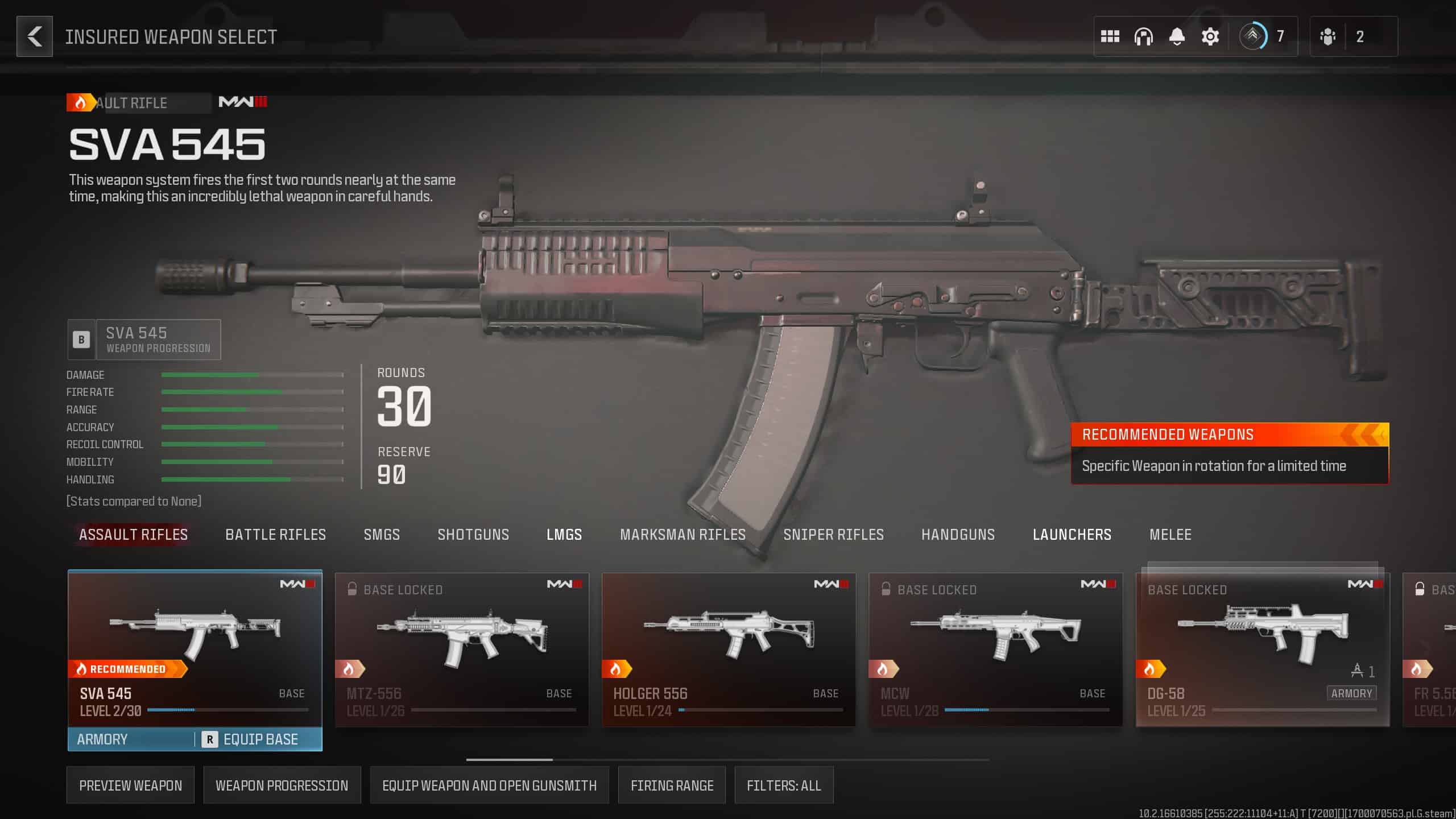 An assault rifle with its stats in Modern Warfare 3.
