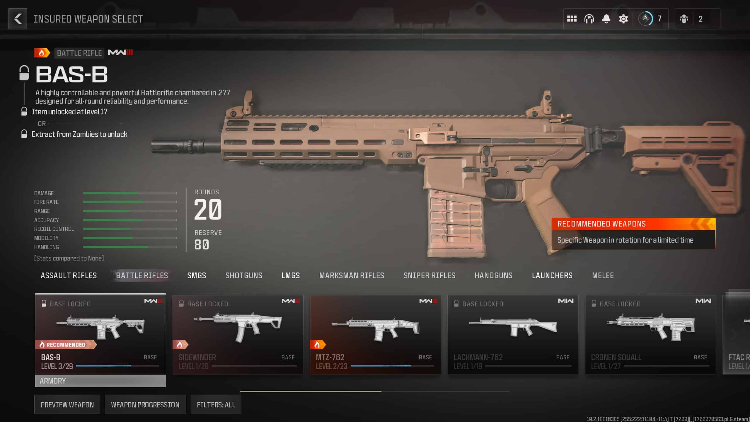 Battle rifle BAS-8 with its stats in Modern Warfare 3.