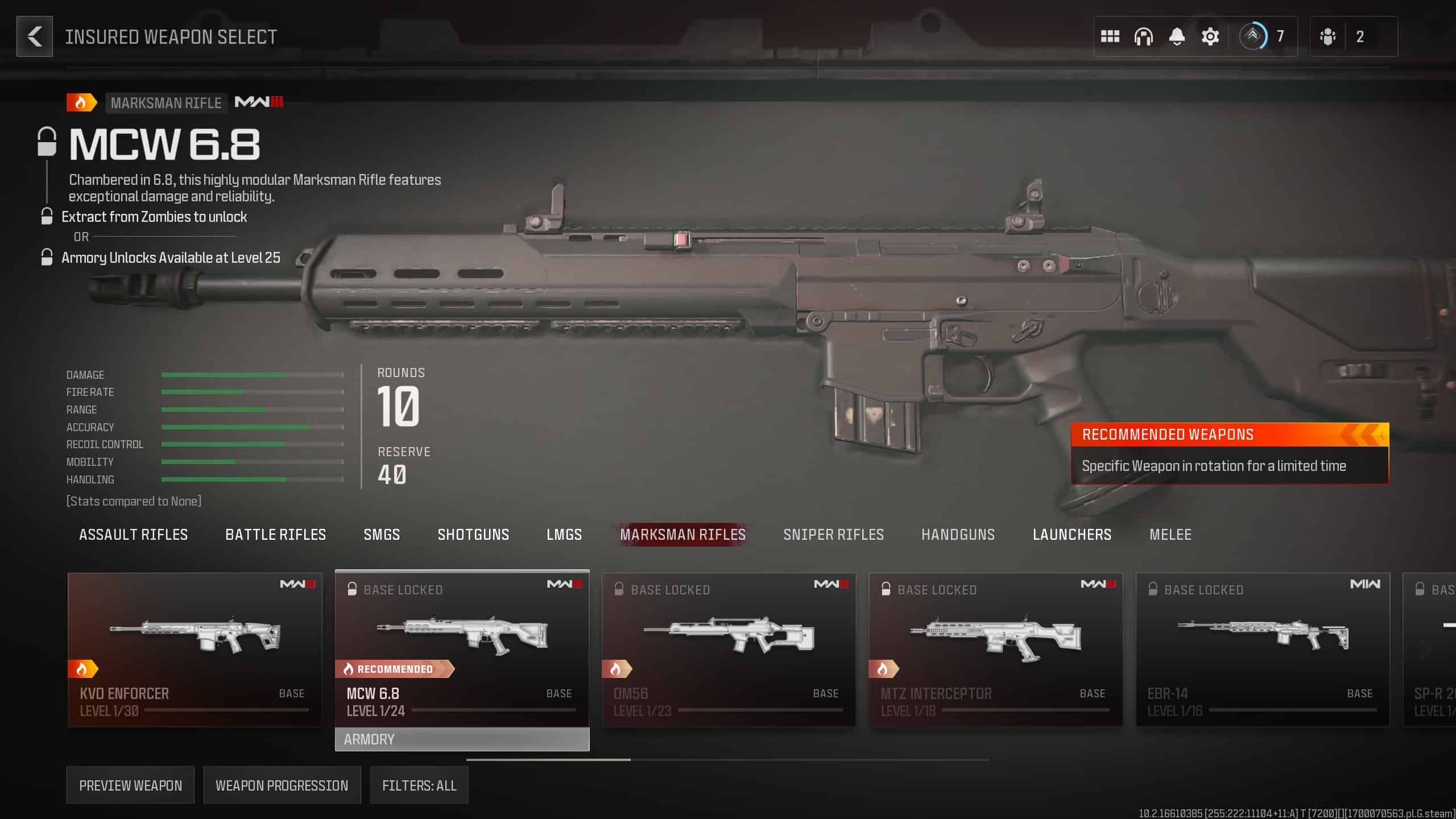 The MCW 6.8 with its stats in Modern Warfare 3.