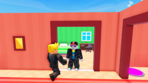 Two Roblox characters in My Hotel, standing in a hallway.