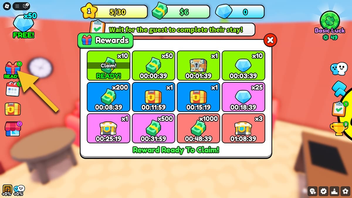 The playtime Rewards window in My Hotel, a yellow arrow points to the button with a present on it.