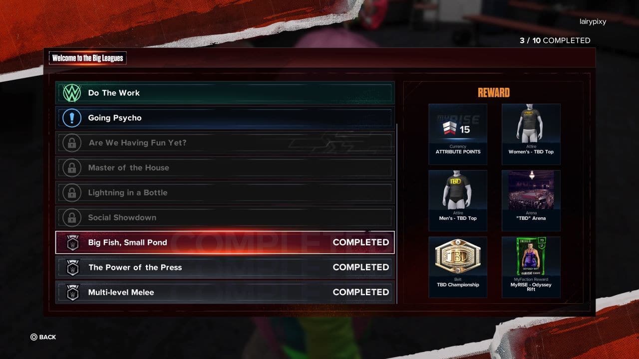 A screenshot of the WWE 2K24 MyRISE video game menu displaying a list of objectives or achievements with some completed and others yet to be done, and unlockables for completion visible on the