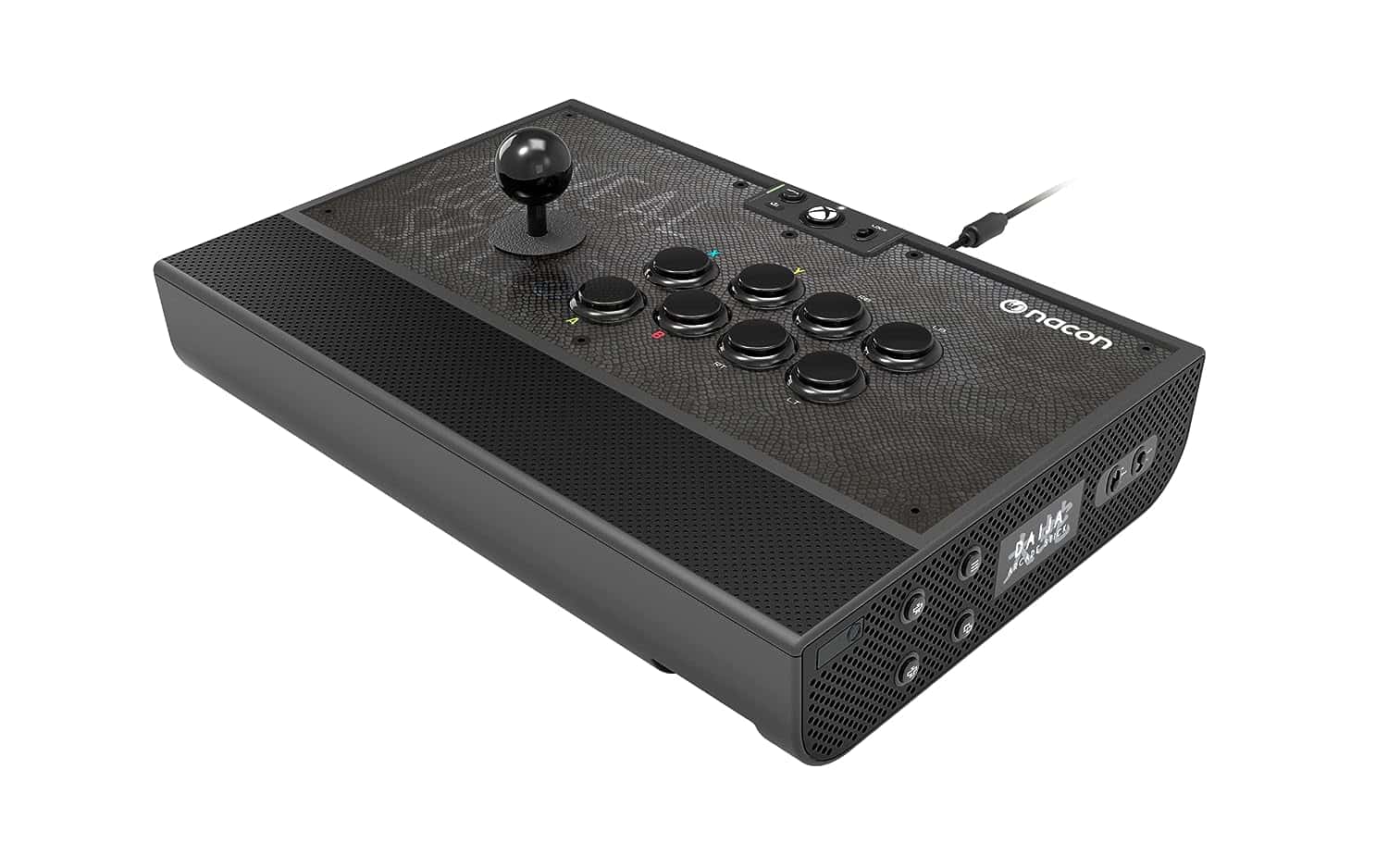 A black gaming controller with two buttons on it, called the NACON Daija Arcade Fight Stick.