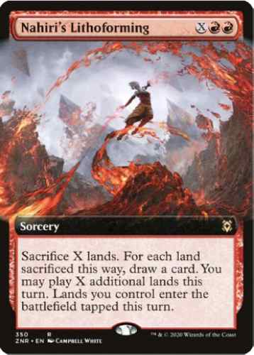 Desert Bloom decklist: Nahiri's Lithoforming - "Sacrifice X lands. For each land sacrificed this way, draw a card. You may play X additional lands this turn. Lands you control enter the battlefield tapped this turn."