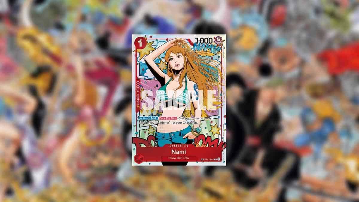 Trading card featuring the anime character Nami against a background of assorted cards, listed in the most expensive "One Piece TCG" cards and price guide (2024).