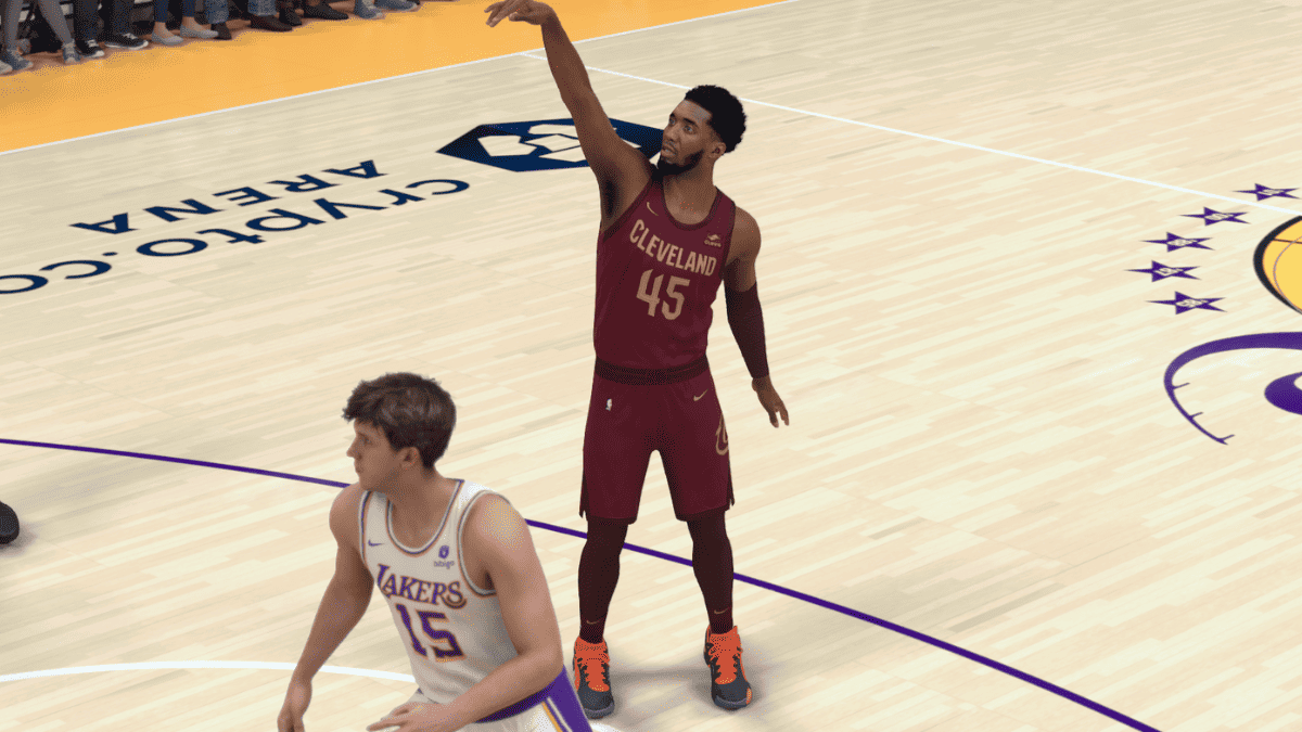 NBA 2k25 release date: Donovan Mitchell watches shot after releasing.