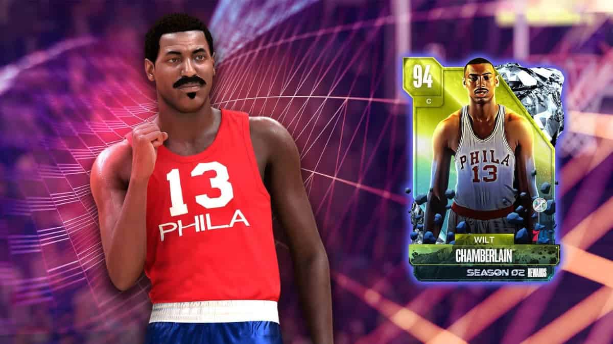 An NBA basketball card featuring a man in front of it, showcasing exclusive Season 2 rewards from NBA 2K24.