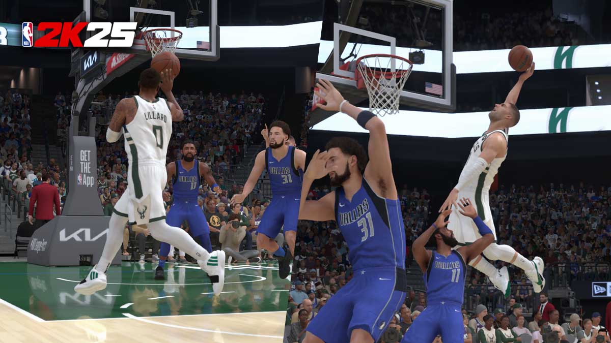 Damian Lillard throwing an alley-oop to Brook Lopez in NBA 2K25