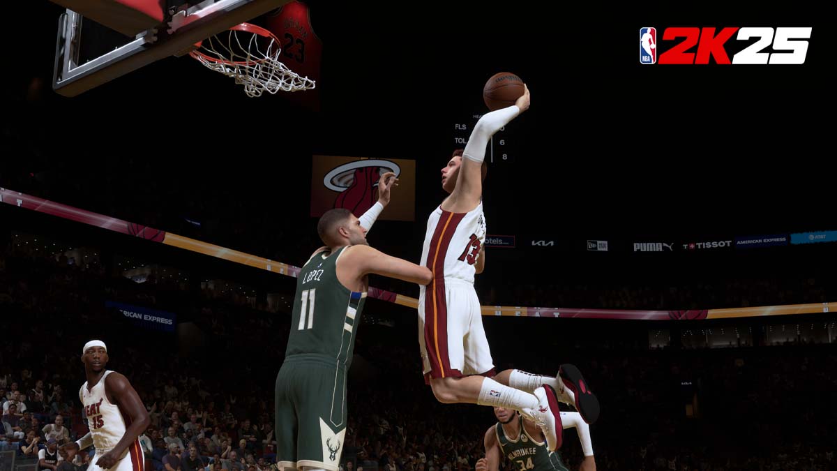 Custom player in NBA 2K25 dunking over Brook Lopez