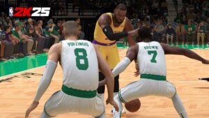 LeBron James playing against the Boston Celtics in NBA 2K25