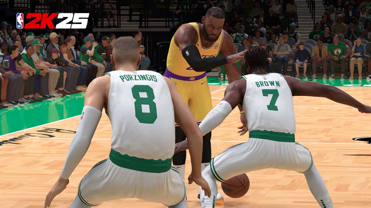 LeBron James playing against the Boston Celtics in NBA 2K25