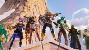 A group of stylized video game characters from the Fortnite Battle Pass standing heroically on a structure, equipped for battle.