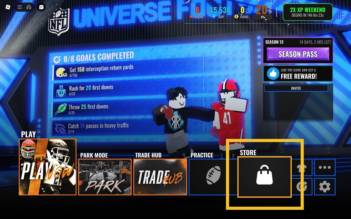 NFL Universe Football codes: main menu.