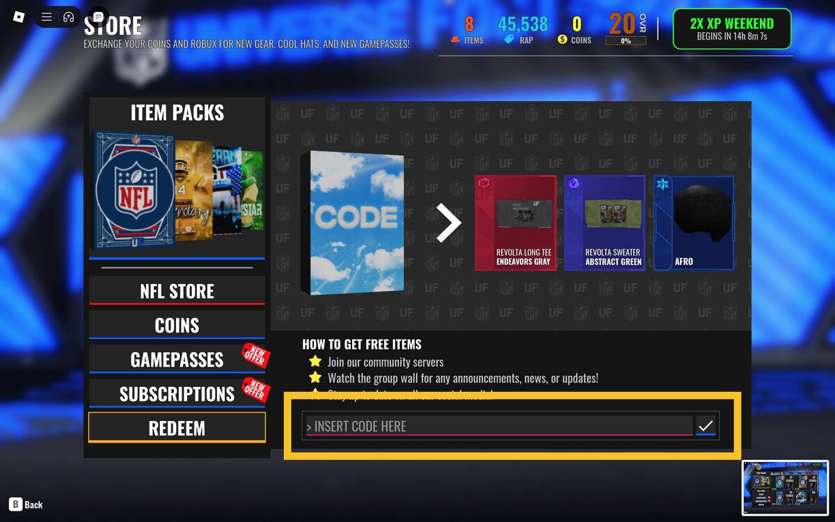 NFL Universe Football codes: main menu.