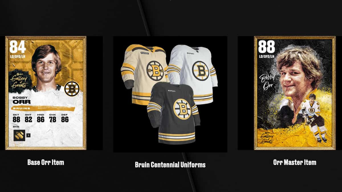 The NHL 24 adds legendary Bruins defenseman Bobby Orr jerseys on a black background.