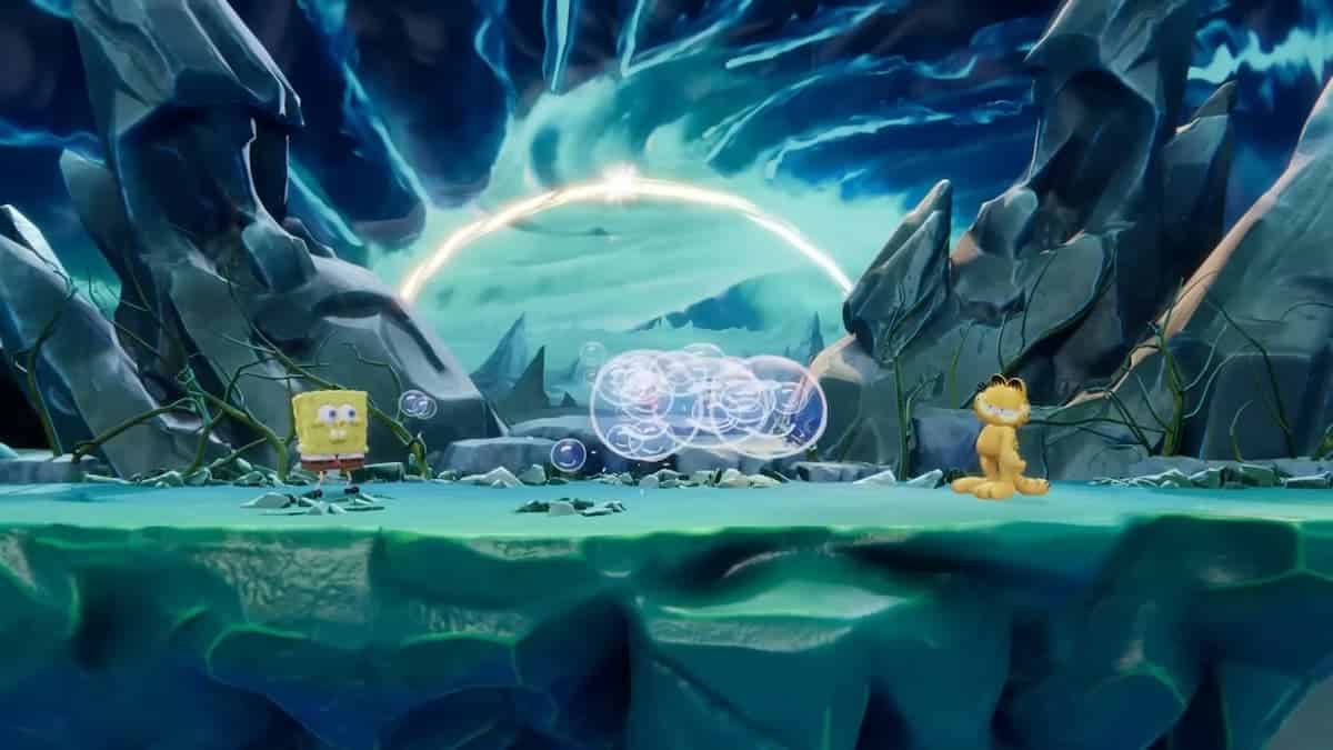 Spongebob vs Garfield in Nickelodeon All-Star Brawl 2.