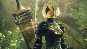 nier automata ps5 update - a woman with white hair wearing black looks at the camera