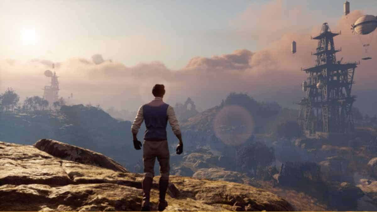 A man is standing on top of a mountain in a video game, enjoying the breathtaking view.