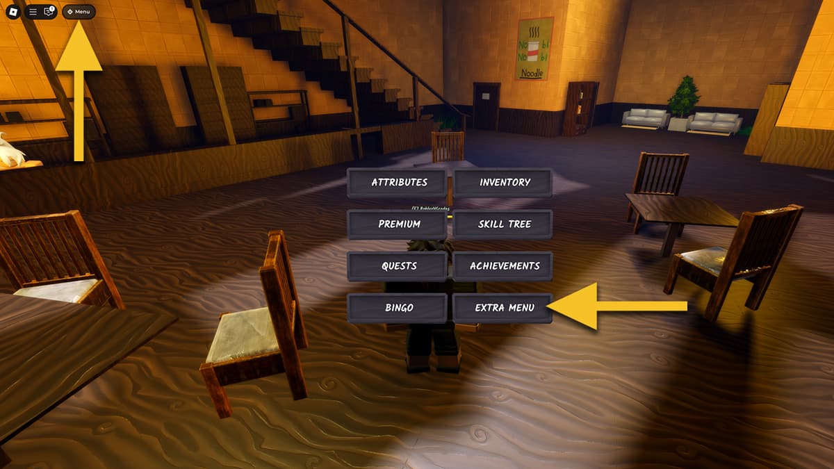 Image from the Ninja Time game on Roblox, showing the Menu and Extra Menu icons marked with arrows.