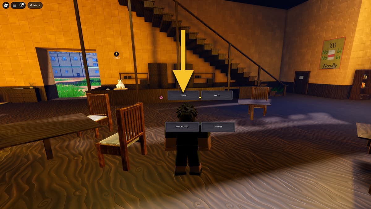 Image from the Ninja Time game on Roblox, showing the Codes icon marked with an arrow.