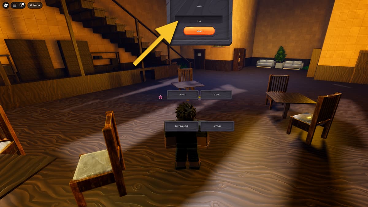 Image from the Ninja Time game on Roblox, showing the Codes redeem window and text box, marked with an arrow.