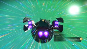 A player uses the pulse engine on a spaceship in No Man's Sky.