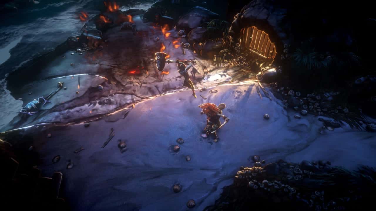 No rest for the wicked cross platform: Gameplay image of two characters battling