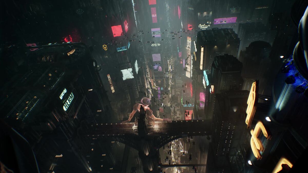 Nobody Wants to Die trophies: A birds-eye view of a futuristic city filled with neon lights and flying cars.