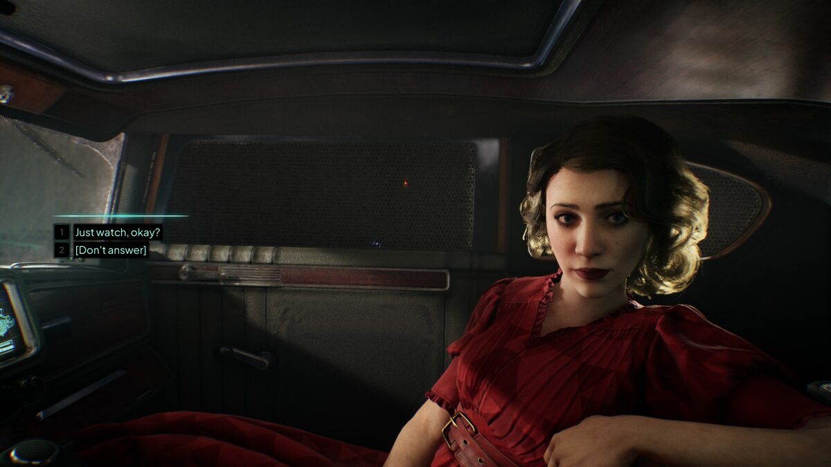 Nobody Wants to Die trophies: A woman in a red dress sitting in the passenger seat of a 1930s car.
