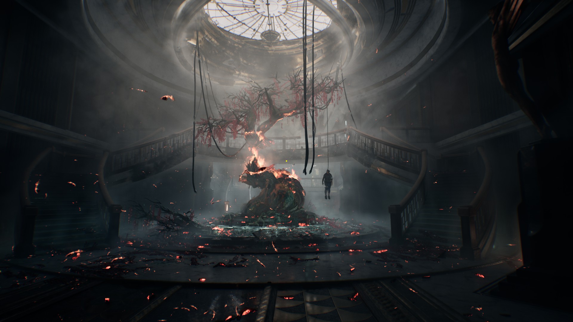 Nobody Wants to Die voice actors: A large room with a body hanging from a burning tree.