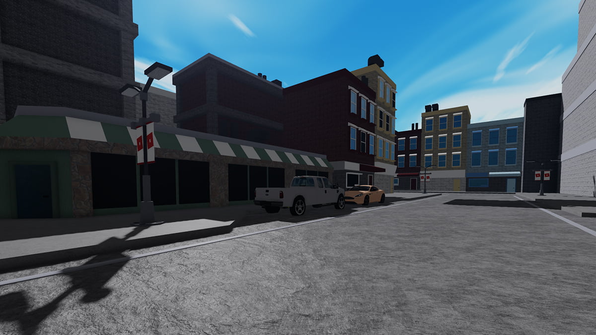 Image of the outside of a jewelry shop in Notoriety on Roblox, with the players casing the place before the heist.