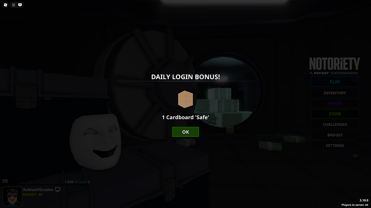 Image of the daily rewards screen in Notoriety on Roblox.
