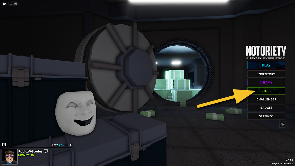 Image of the Main Menu screen in Notoriety on Roblox, with an arrow pointing at the Store button.