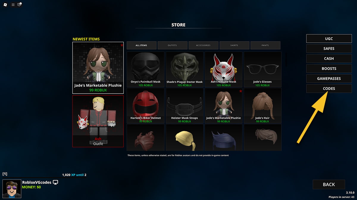 Image of the Store window in Notoriety on Roblox, with an arrow pointing at the Codes button.,