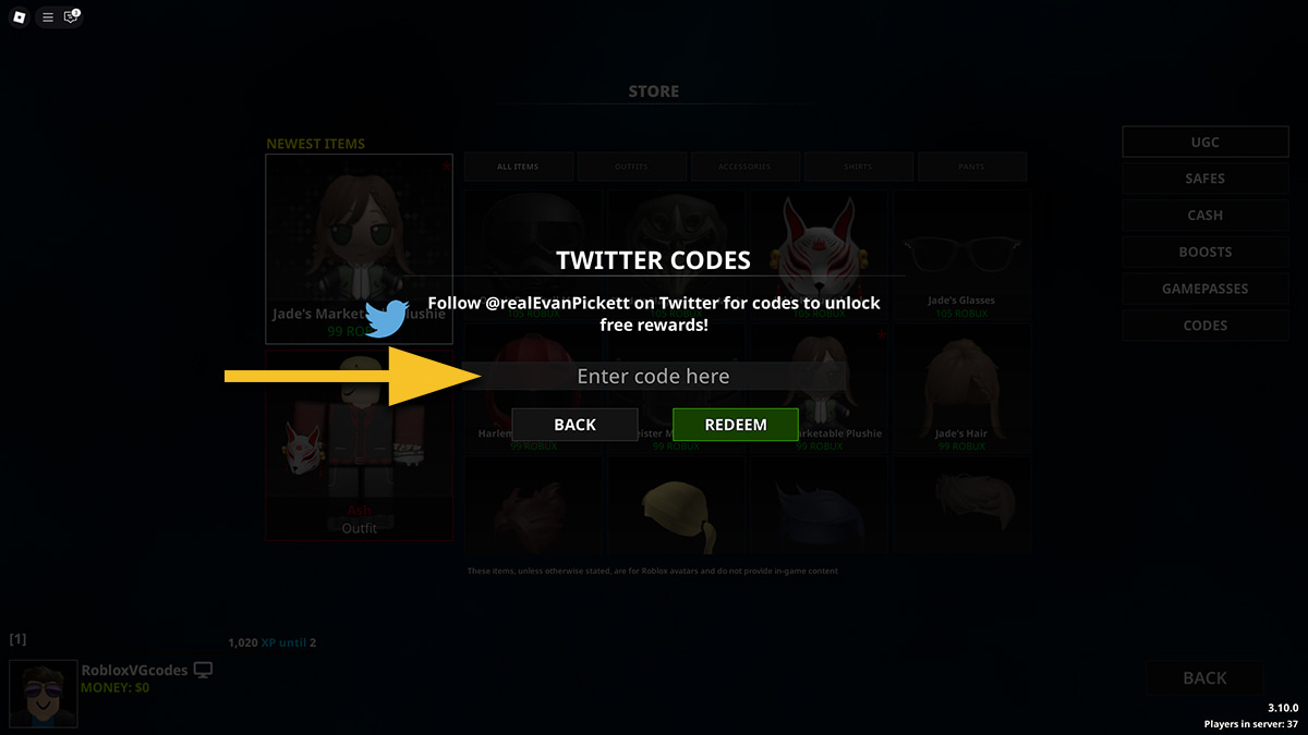 Image of the code redemption screen in Notoriety on Roblox, with an arrow pointing at the code input text box.