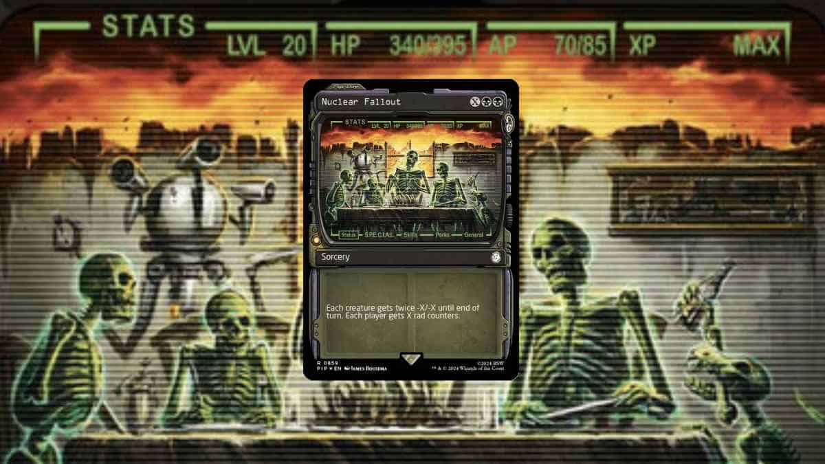 A stylized image depicting an MTG Fallout trading card game with a 'nuclear fallout' theme against a backdrop of silhouetted figures resembling soldiers in hazmat suits.