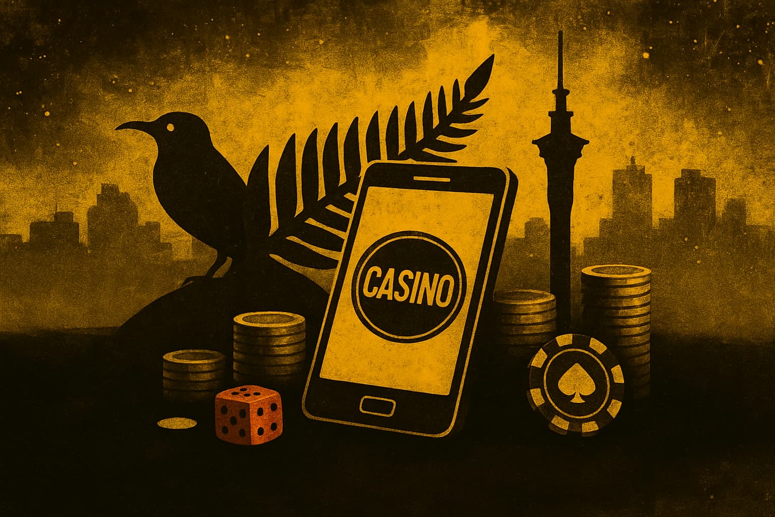 graphic showing a casino app on a phone in new zealand with the skytower and other NZ landmarks in view