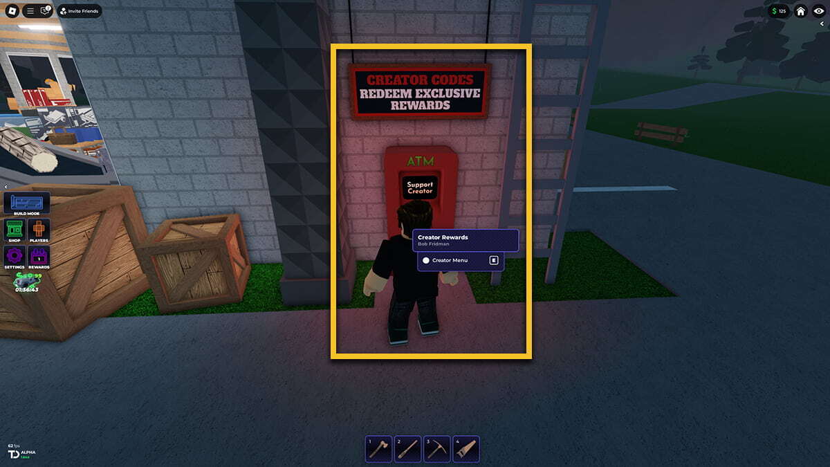 A yellow rectangle marks the ATM behind the Oak Store where the Oaklands player redeems codes.