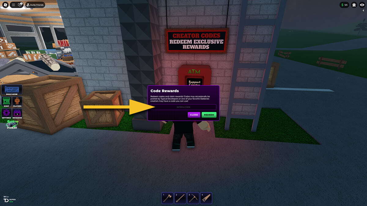 A yellow arrow points at the text box where the Oaklands player can input codes.