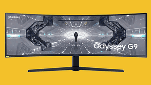 The samsung odyssey g930 is shown on a yellow background.