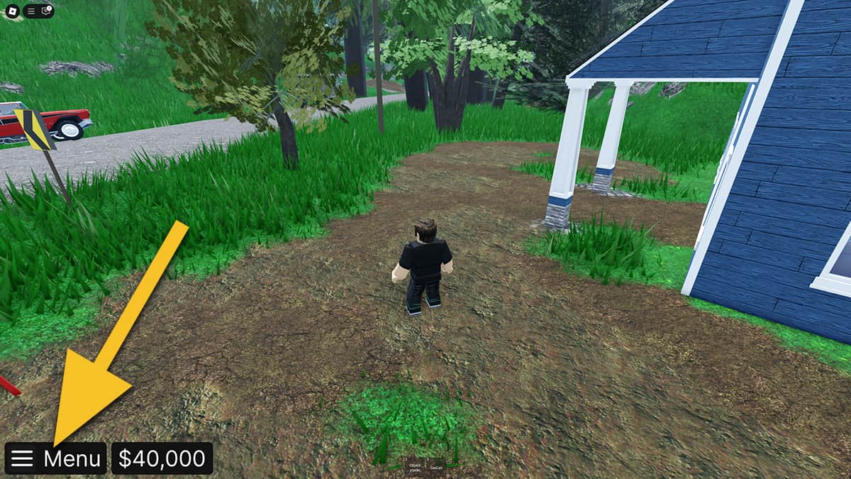 Image of the player standing in front of a building in Off-Roading Epic on Roblox, with an arrow pointing at the Menu button.