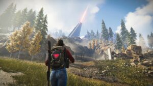 Once human release date - a character runs through green with trees ahead