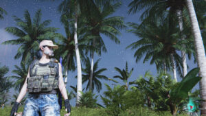 Once Human A Miracle Chase: meta-human exploring a palm tree forest.