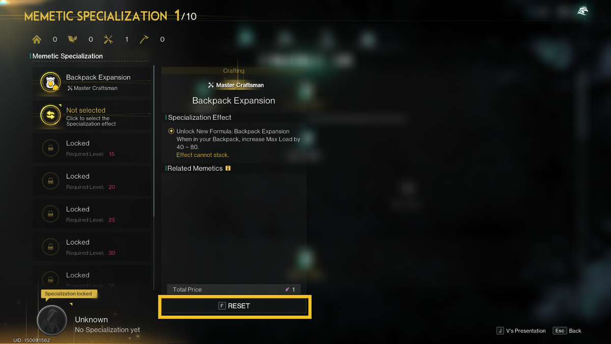 Once Human best Specializations: in-game Memetics Specialization menu.