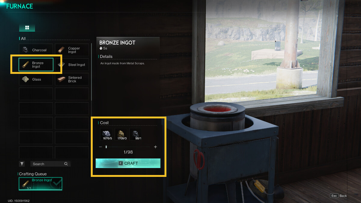 Once Human Bronze Ingot: Furnace crafting menu.