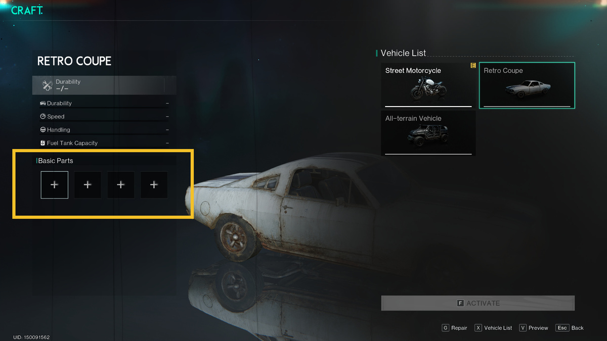 Once Human how to get a car: garage crafting menu.