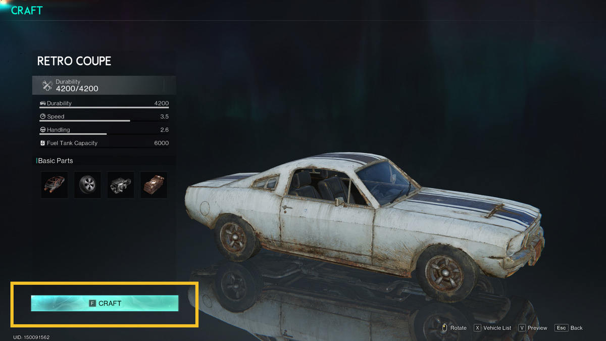 Once Human how to get a car: garage crafting menu.