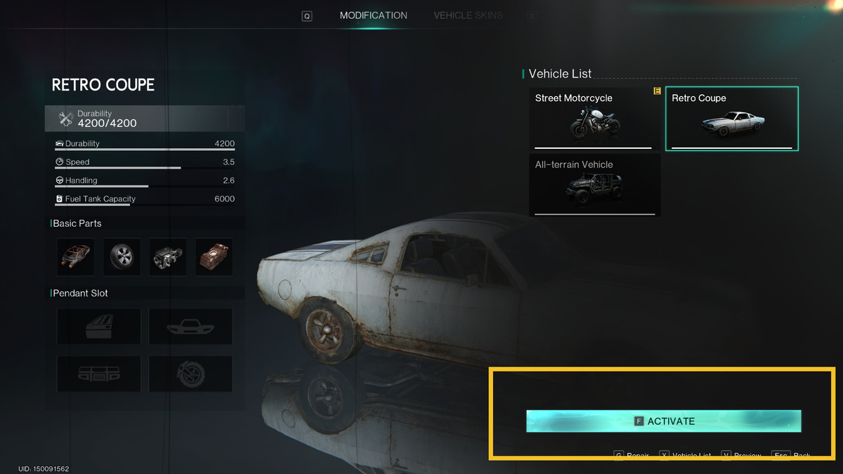 Once Human how to get a car: garage crafting menu.