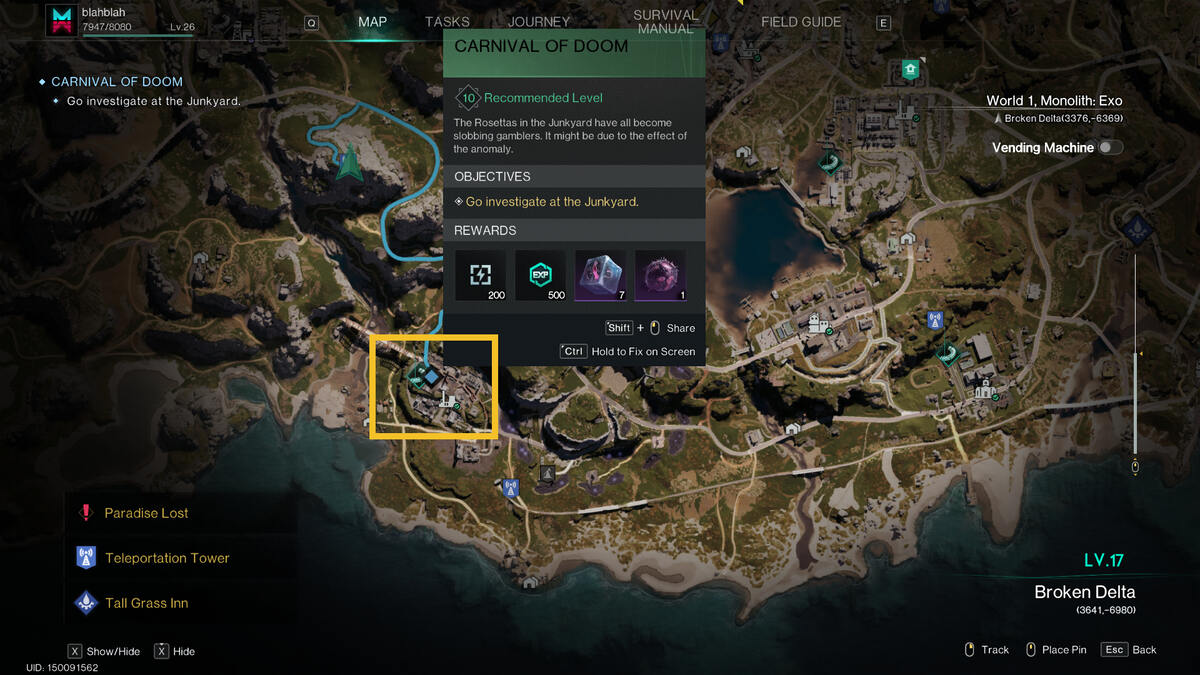 Once Human Carnival of Doom: quest start location.